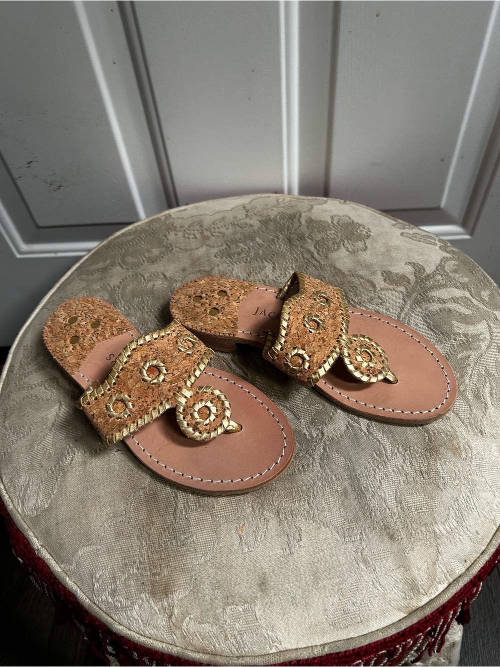 Jack Rogers Original Jack’s Flat Cork and Gold Trim Women’s Slide Sandals Sz 5W